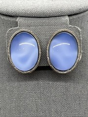 Vintage Blue Oval Clip On Earrings Silver Tone Bezel Cabochon Acrylic Mod Style