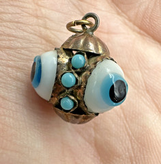 Vtg Victorian? Triple Evil Eye Blown Glass Gilted Brass Pendant Good Luck Amulet