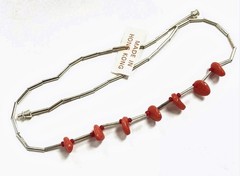 Vintage Hong Kong Silver Tube Simulated Red Coral Nugget Bead 17″ Necklace W700