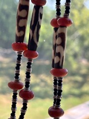 Vintage African Batik Bone Carnelian Trade Bead Multi Strand Necklace Statement