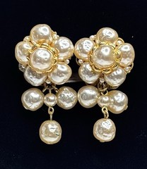 Miriam Haskell Faux Pearl Baroque Dangle Screw Back Clip Gold Tone Earrings