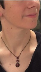VICTORIAN REVIVAL BRONZE T. TRIPLE DROP LAVALIER NECKLACE PINK RHINESTONES 16”