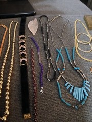 Large 21 piece Vintage jewelry Lot, necklaces, rings, bracelets, Compact, pins.