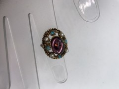 Vintage Cocktail Ring Adjustable Purple oval cabochon rhinestone Faux Pearl Mod