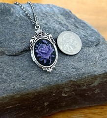 Victorian Purple Rose Cameo HIDDEN Locket Necklace Vintage Pillbox Stash Pendant