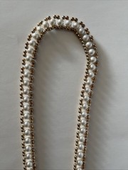 Vintage Long Ivory Color Faux Pearl Necklace With Gold Beaded Rhinestone Tassel