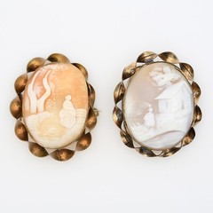 Antique Victorian Rebecca at the Well Hand-Carved Cameo GF Brooch Pair 1880s