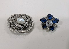 Vintage Brooches |Faux Pearl Filigree Pin & Blue Rhinestone Flower Pin