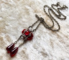 Vintage Necklace Delicate Art Nouveau Brass Pendant Antique Red Czech Glass