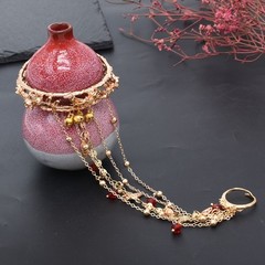 Gold Tone Vintage Cuff Bracelet with Ring Red Beads Chain Bell Gift for Women