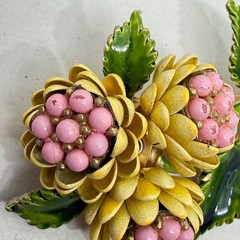Vintage Enamel Flower Brooch Yellow Pink Green Floral Mid Century Botanical 3″