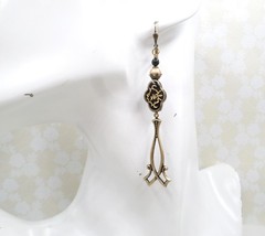 Antique Brass Dangle Earrings Black Gold Floral Acrylic Beaded Victorian Jewelry