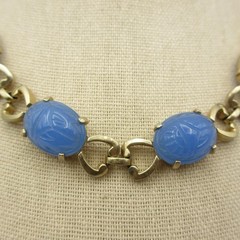 Vintage Scarab Necklace Egyptian Revival Blue Glass Gold Tone Choker 15 Inch