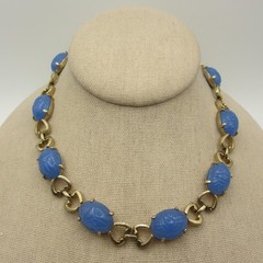 Vintage Scarab Necklace Egyptian Revival Blue Glass Gold Tone Choker 15 Inch