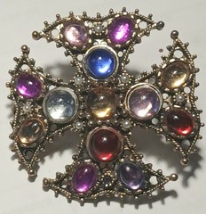 Vintage multi color moon glass in gold metal setting brooch/ pin