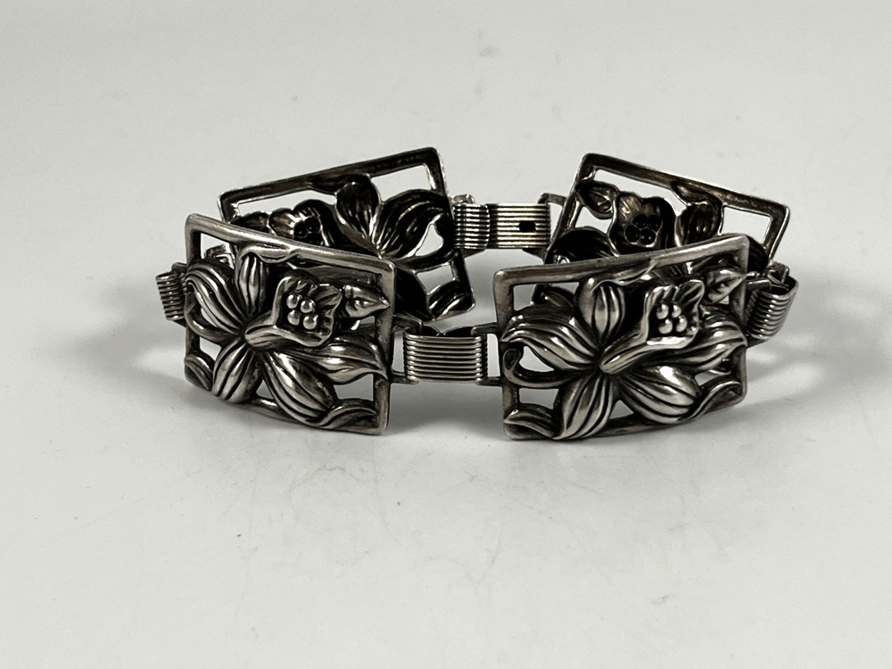 DANECRAFT STERLING SILVER LILY FLORAL PANEL VINTAGE BRACELET 7in