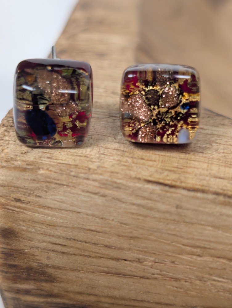 Gorgeous Vintage Italy Murano Glass Square Earrings Gold Foil Sparkly