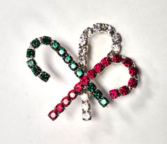 Vintage Holiday White, Red & Green Rhinestone Christmas Candy Canes Pin / Brooch