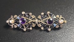 Antique Art Deco Silver Czech Glass & Seed Pearl Enamel Brooch