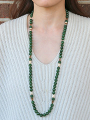 VTG 10mm Natural Nephrite Jade & Gold Plated Spacer Long Necklace 35″ 129.5g