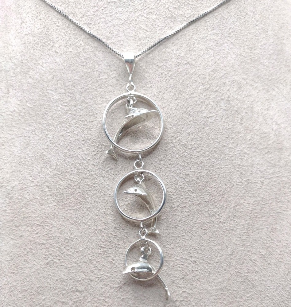 Sterling Silver Box Chain 18″ Necklace NC Jumping Dolphins Pendant 6.4g 0.8mm