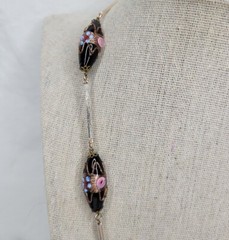 Vintage Venetian Glass Beaded Necklace Black Pink Blue Lampwork Beads Gold Tone