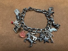 Vintage Sterling Silver Dogs, Horse, Good Luck, Crystal Toggle Charm Bracelet