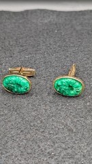 Vintage Jadeite Pair Green Glass Cufflinks Gold Tone Oval