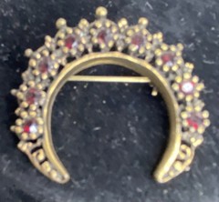 Crescent Moon Brooch Gold Tone With Red Garnets Vintage Pin