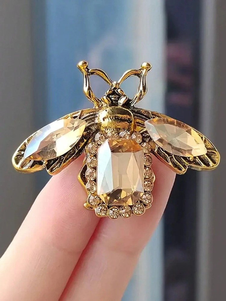 Vintage Baroque Bee Brooch – Gold Zinc Alloy Insect Pin With Faceted Gemstone