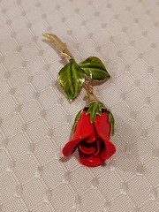 Vintage Enamel Red Rosebud Gold Stem Green Leaves Brooch Pin 3″ Long