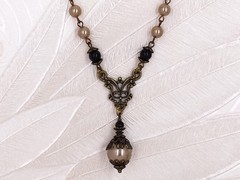 Art Nouveau Necklace Champagne Gold Crystal Pearl Black Bead Victorian Jewelry