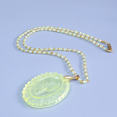 Uranium Glass Necklace 23” Cameo Pendant Vaseline Yellow Czech Beads
