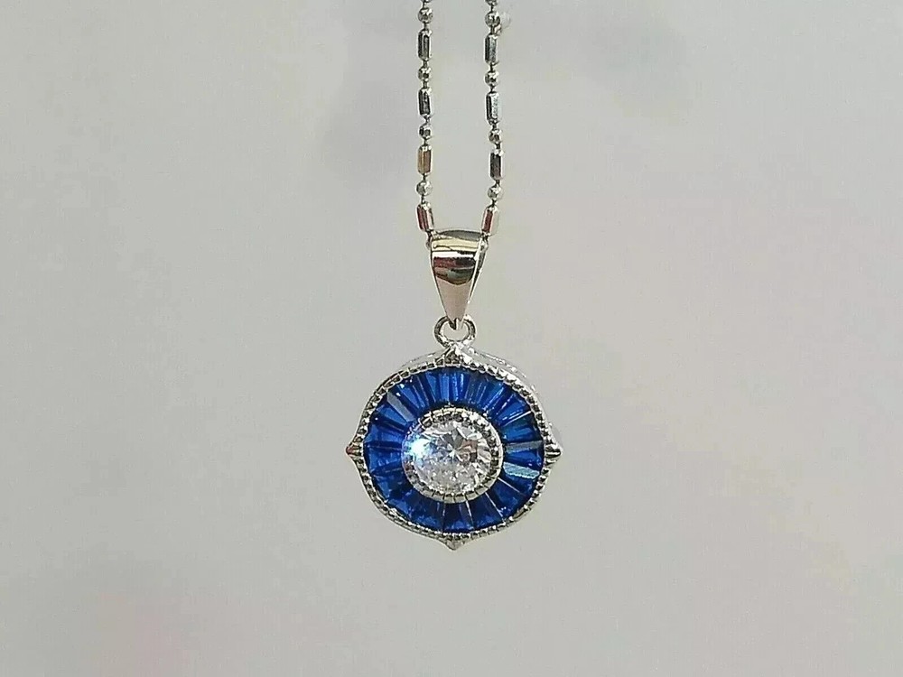 Art Deco Style Lab Created Diamond & Sapphire 14K White Gold FN Wedding Pendant