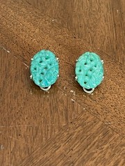 Vintage Marvella Faux Jade Green Cabochon Stud Earrings Gold Tone Signed Nice!
