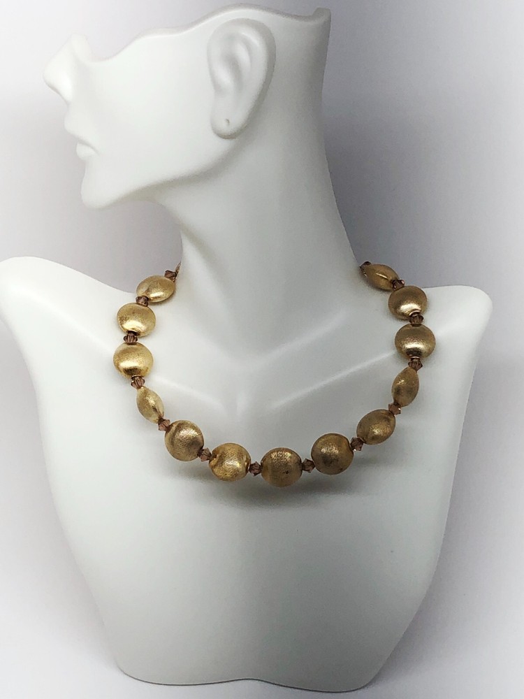 rare Vtg 60s House of Joy NYC Neck Wire Necklace gold tone satin Metal beads