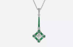 Art Deco Style Round Lab Created Diamond & Emerald Pendant 14k White Gold Finish