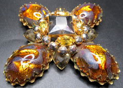 SCHREINER Amazing Tiger Striped Unusual Glass Stone Cross Vintage Pin Brooch