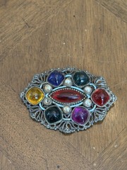 Vintage Czech? Multicolor Glass Cabochon Faux Pearl Brooch Pewter Tone Filigree!