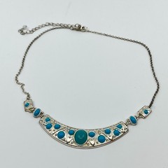 Vintage Silver Tone Turquoise Color Cabochon Statement Bib Necklace Retro Boho