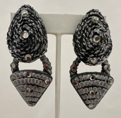 Vintage Jeff Lieb Clip Earrings Black/Silver/ Rhinestone One Of A Kind Handmade