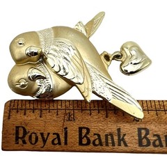 Vintage A.J. Gold Tone LOVE BIRDS with Dangle Heart Brooch Pin