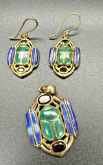 Egyptian Revival Scarab Beetle Set Vintage Jewelry Lapis, Garnets. Stamped BBJ