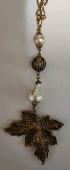Vintage 90’s Brasstone LEAF & Faux Pearl Pendant 30″ Adjustable Opera Necklace