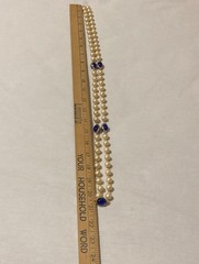 Vintage Faux Pearl Beaded Necklace Bezel Cobalt Blue Cabochon Opera Flapper 42″
