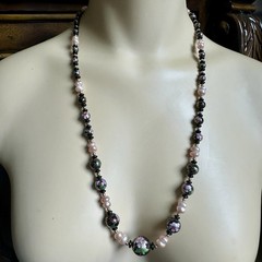 Vintage Chinese Cloisonne Necklace 26 Inch Floral Beads Baroque Pearls Flowers