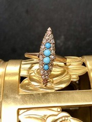 Antique Victorian 14K Rose Gold Turquoise Rose Cut Diamond Navette Ring Sz 5.5