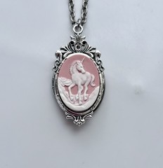 Pink Unicorn Cameo HIDDEN LOCKET Necklace, Vintage Secret Pillbox Pendant