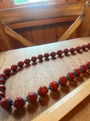 Carved Cinnabar Bead and Enameled Blue Metal Cap Vintage Beaded Necklace – 26”