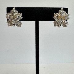 Vintage Silver Tone Rhinestone Maple Leaf Earrings Screw Back